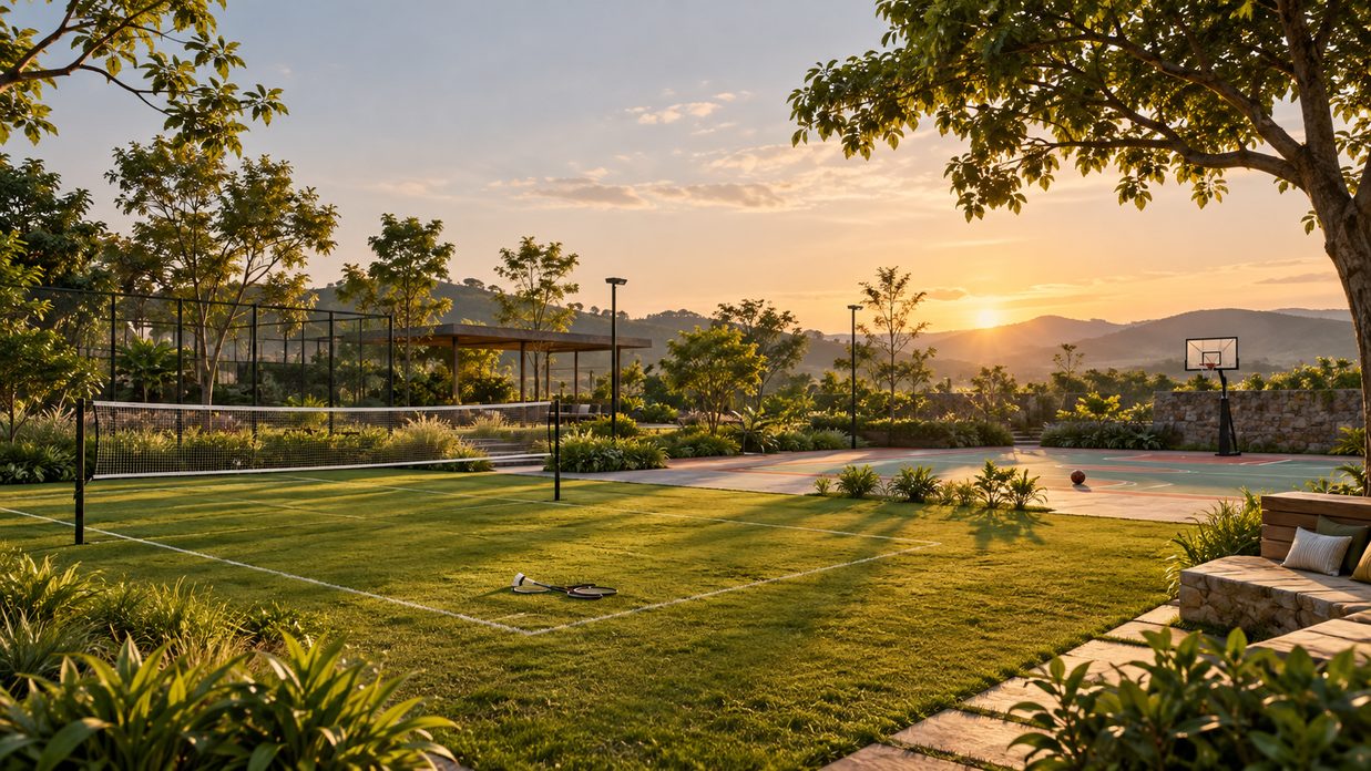 A grass badminton court and a paved multi-sport court edged by gardens, with hills on the horizon in low sun